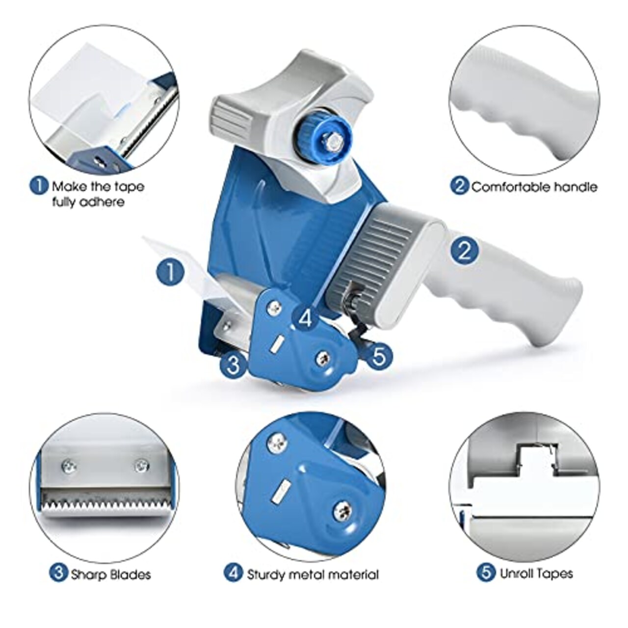 Pacific Mailer Packing Tape Dispenser Gun 2 Inch Tape Gun with Carton Packing Tape Lightweight Industrial Side Loading Dispenser Blue